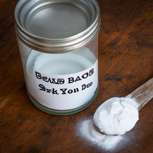 A jar of baking soda and a measuring spoon on a wooden table for passing a drug test